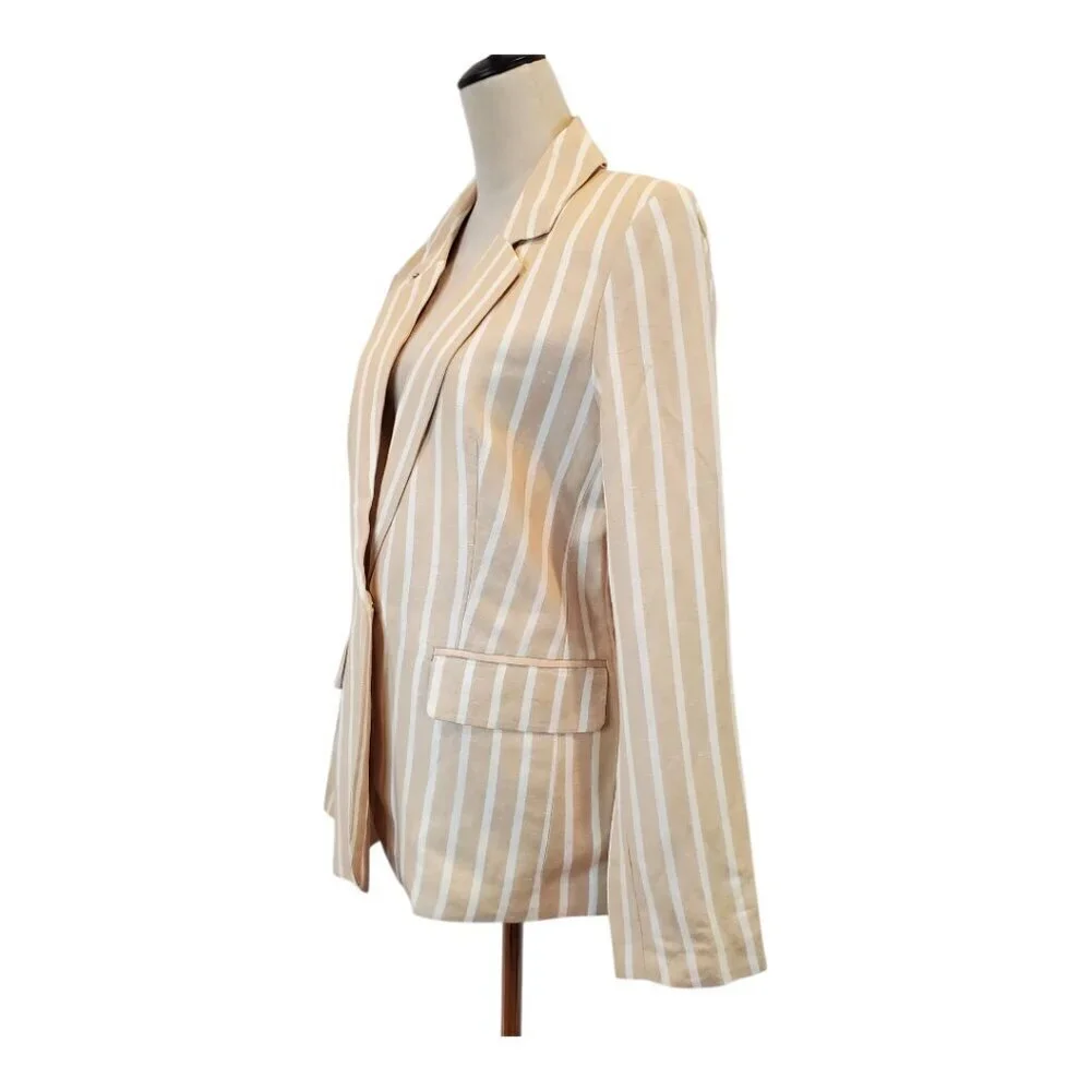NEW Philosophy SZ L Stripe Notch Collar Long Sleeve Linen Blend Blazer Tan - Picture 3 of 12
